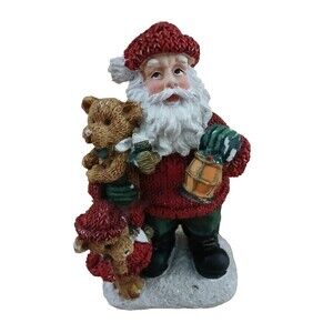 Santa Claus Christmas Figurine Holding Teddy Bear & Lantern Holiday Decoration
